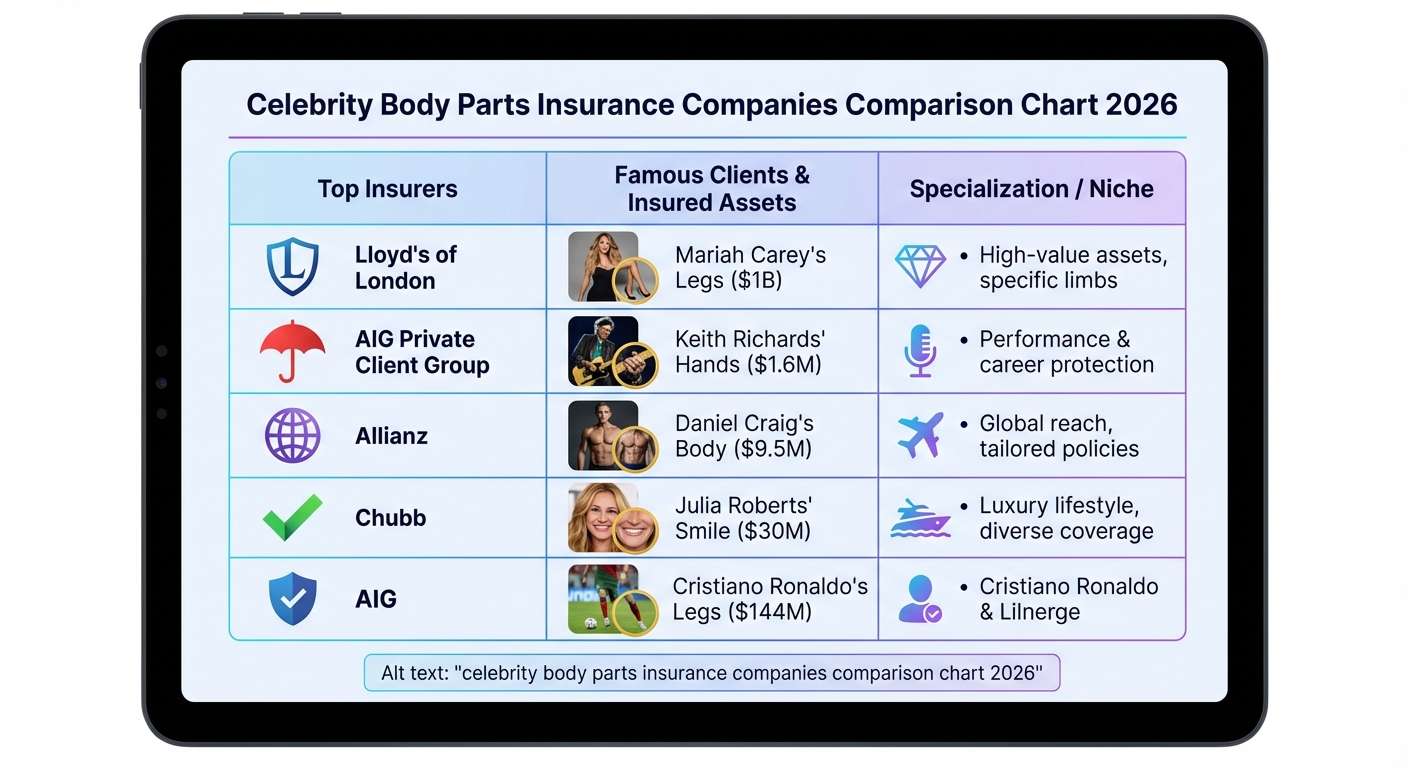celebrity body parts insurance companies comparison chart 2026